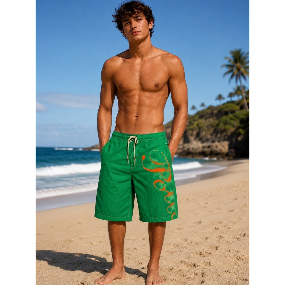Vintage Polo Ralph Lauren Green Swim Trunks Orange Graphic Board Shorts L